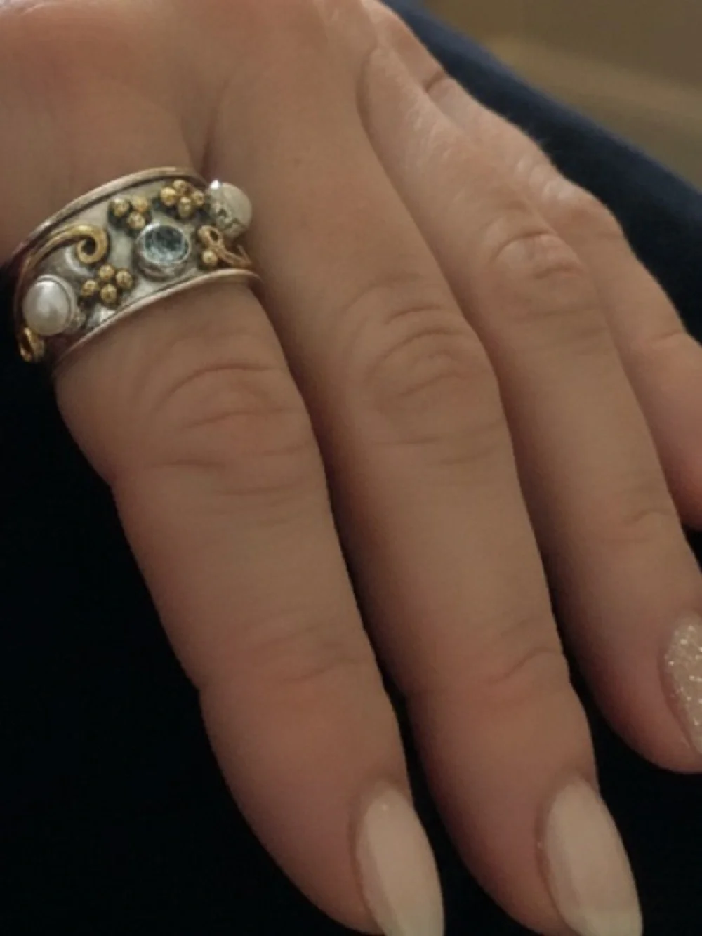 Sterling Silver & Gold Accent Pearl & aquamarine Band Ring - White Pearl
